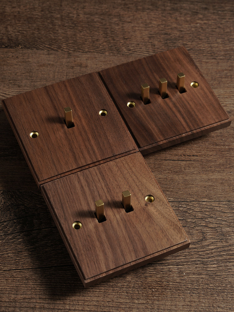 Pialt[Beihangjiao]Black Walnut Solid Wood Panel Brass Lever Retro Switch 86 Type Single Switch Putian