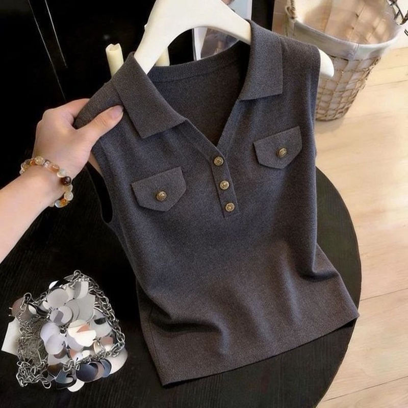 French-Style Polo Collar Buttoned Ice Silk Camisole for Women, Summer Chanel-Inspired Korean-Style Loose-Fitting Slimming Sleeveless Top