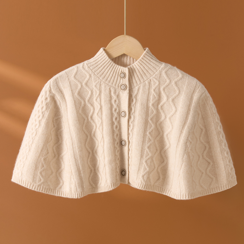 100% Pure Wool Knitted Half-High Collar Shawl Cardigan for Women, Cable Knit Cape Coat, Fashionable Alana Shoulder and Neck Protector