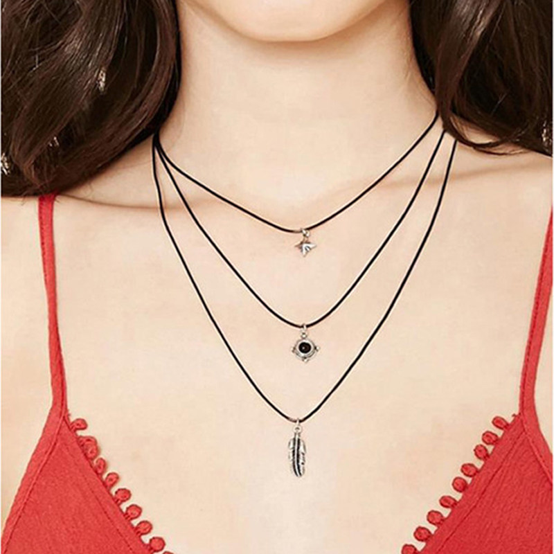 Necklace female clavicle chain black rope with pendant Simple ins multi-layered wear European and American black leather rope dark black temperament