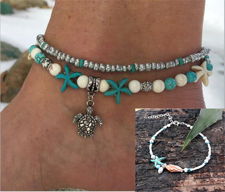 Mới châu Âu và Mỹ phong cách Bohemian sao biển mai rùa đính cườm vòng tay vòng tay trang sức bãi biển của phụ nữ lắc chân vàng