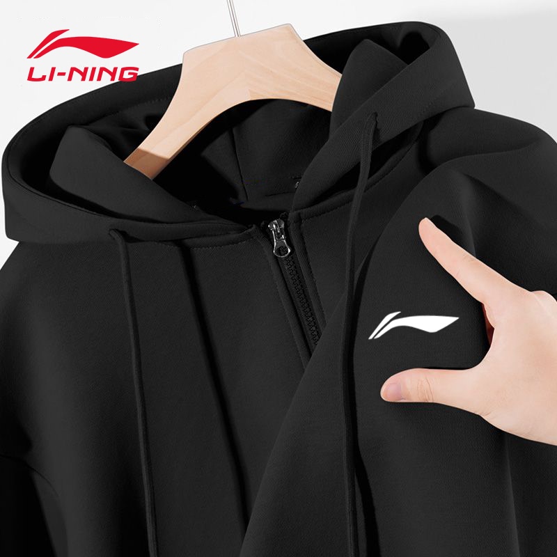 Li Ning Men's Jacket 2026 Autumn New Black Hooded Loose Zipper Sports Jacket Youth Sweatshirt Li Ning Men's Jacket 2026 Autumn New Black Hooded Loose Zipper Sports Jacket Youth Sweatshirt