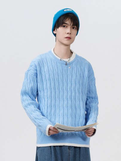Cable pattern round neck sweater men's autumn and winter 2025 new high-end loose contrast color plus velvet pullover sweater