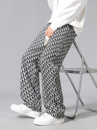 Retro geometric print casual pants for men, autumn and winter 2025 new loose and versatile wide-leg drape long pants