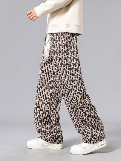 Retro geometric print casual pants for men, autumn and winter 2025 new loose and versatile wide-leg drape long pants