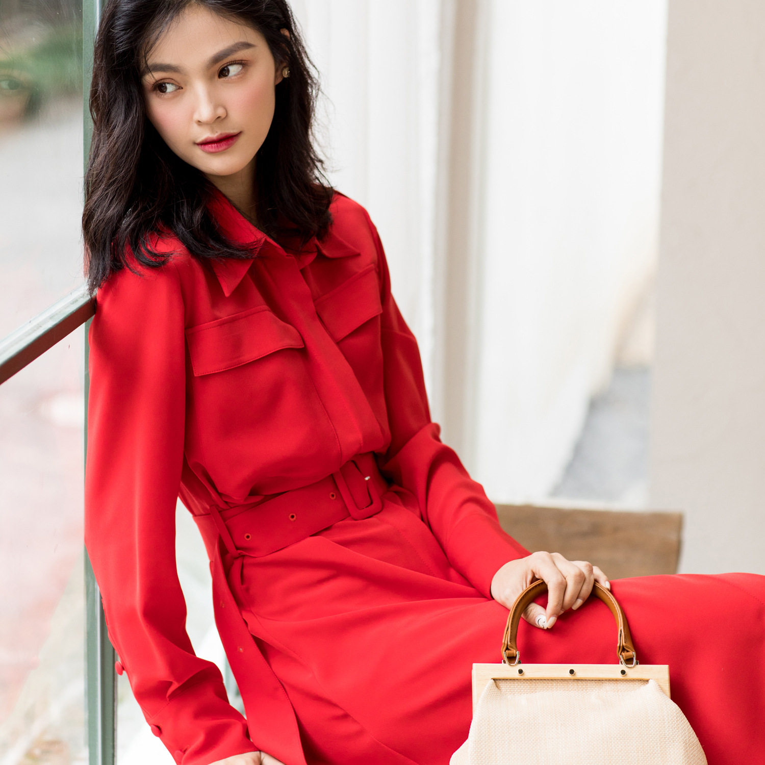 SANDRO SELEN star same style commuter style red dress female autumn and winter slim waist temperament shirt skirt