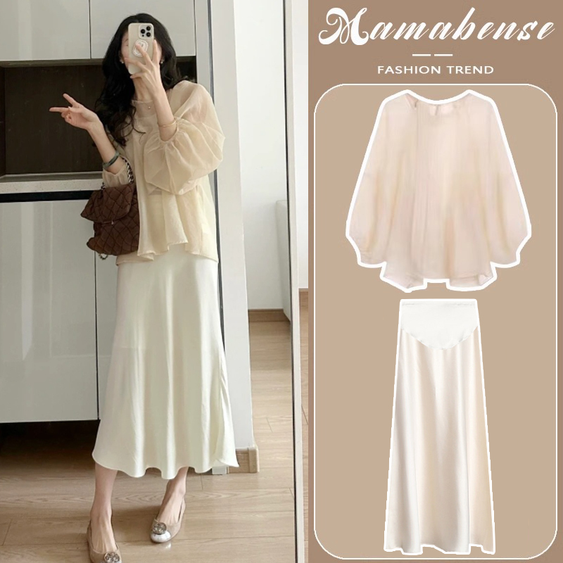 Maternity Outfit for Spring and Summer, Thin Chiffon Top for Outerwear, Same Style as Internet Celebrities, French-Style Two-Piece Set for Pregnancy Wear Maternity Outfit for Spring and Summer, Thin Chiffon Top for Outerwear, Same Style as Internet Celebrities, French-Style Two-Piece Set for Pregnancy Wear