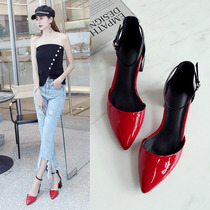 One word belt sandals womens 2022 summer new leather red hollow shoes simple Baotou thick heels high heels