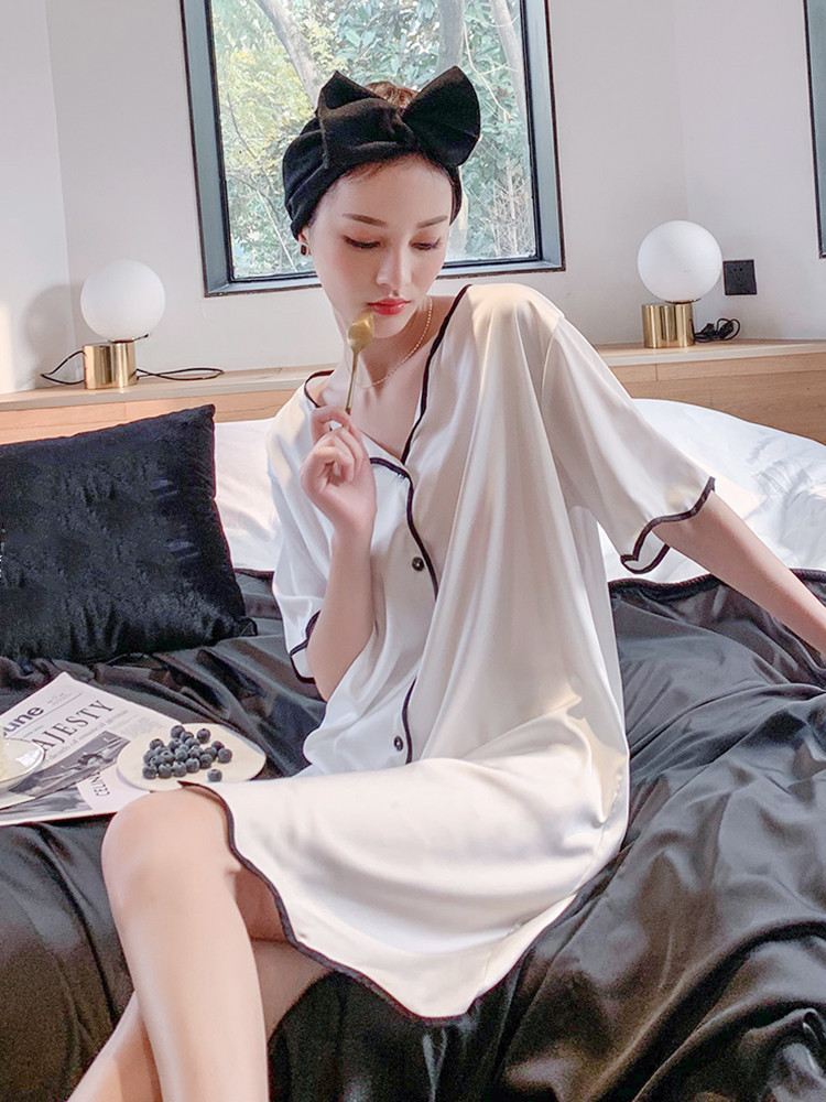 MAJE MANTAS2022 years of ice silk thin sleepwear women summer sexy spring autumn senior feel shirt real silk sleeping dress