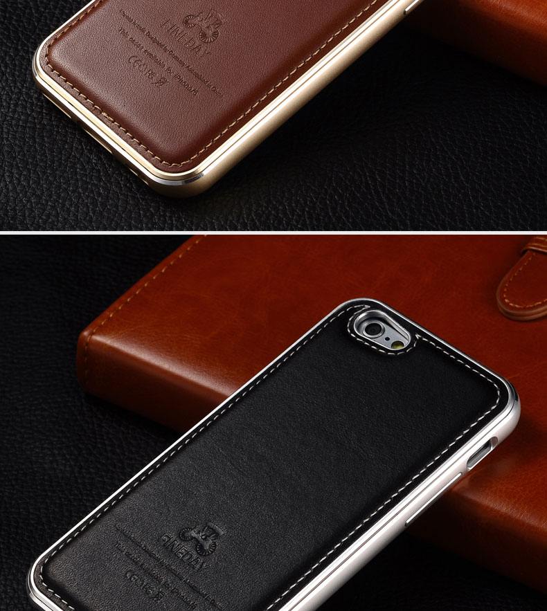 iMatch Luxury Aluminum Metal Bumper Premium Genuine Leather Back Cover Case for Apple iPhone 6S/6 & iPhone 6S Plus/6 Plus