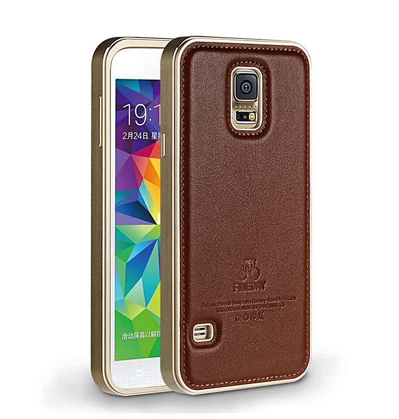 iMatch Luxury Aluminum Metal Bumper Premium Genuine Leather Back Cover Case for Samsung Galaxy S5