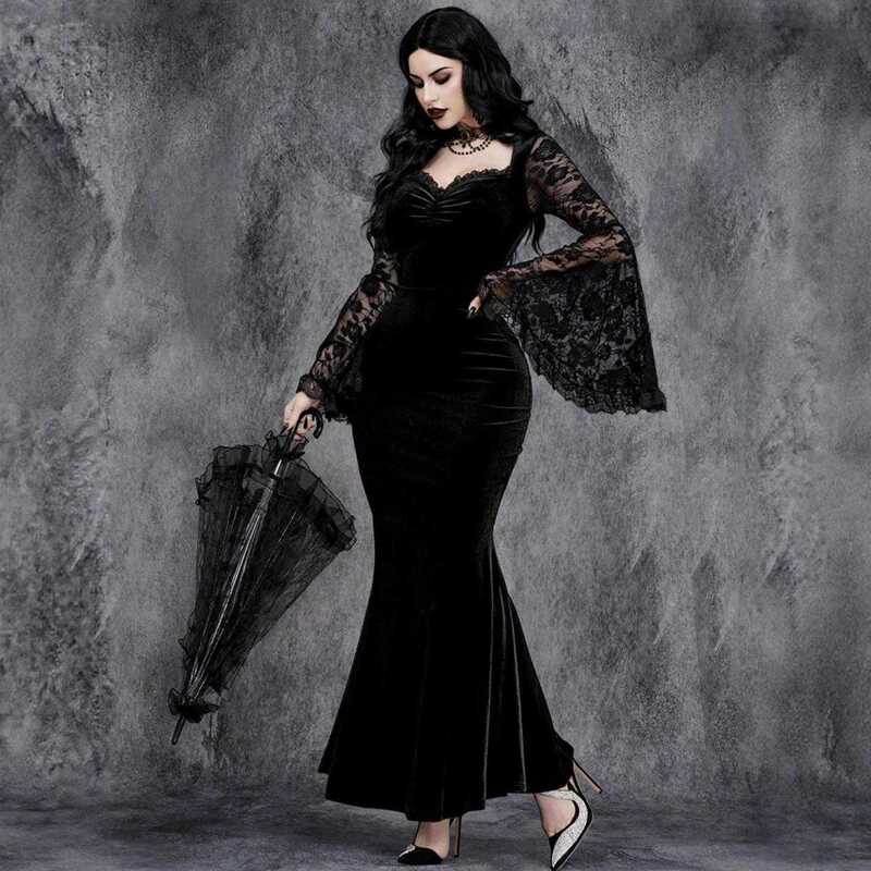 Halloween Gothic Style Lace Patchwork Waist-Flattering Bell-Sleeve Dress 2026