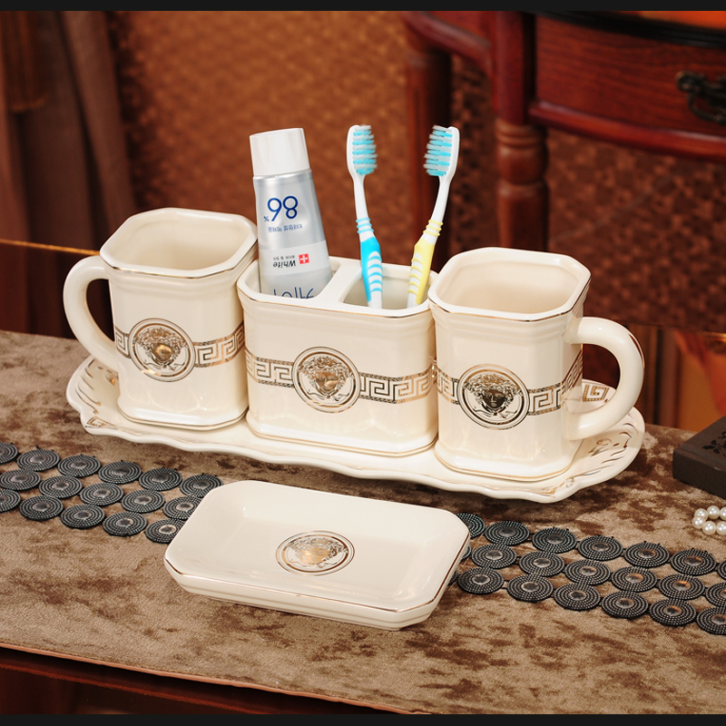 Bathroom 5 piece European ceramic toothbrush cup with handbathroom toilet mouthwash cup with tray new wedding gift