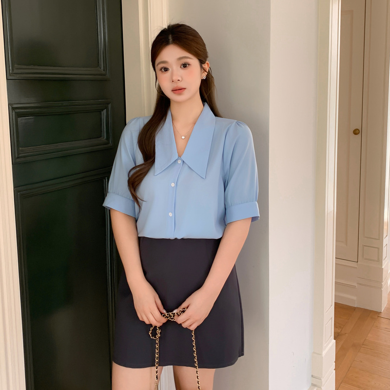 Miss Fox Plus-Size Women's Shirt, Loose Korean-Style Long-Sleeve Wide-Collar Shirt, Professional Base Shirt
