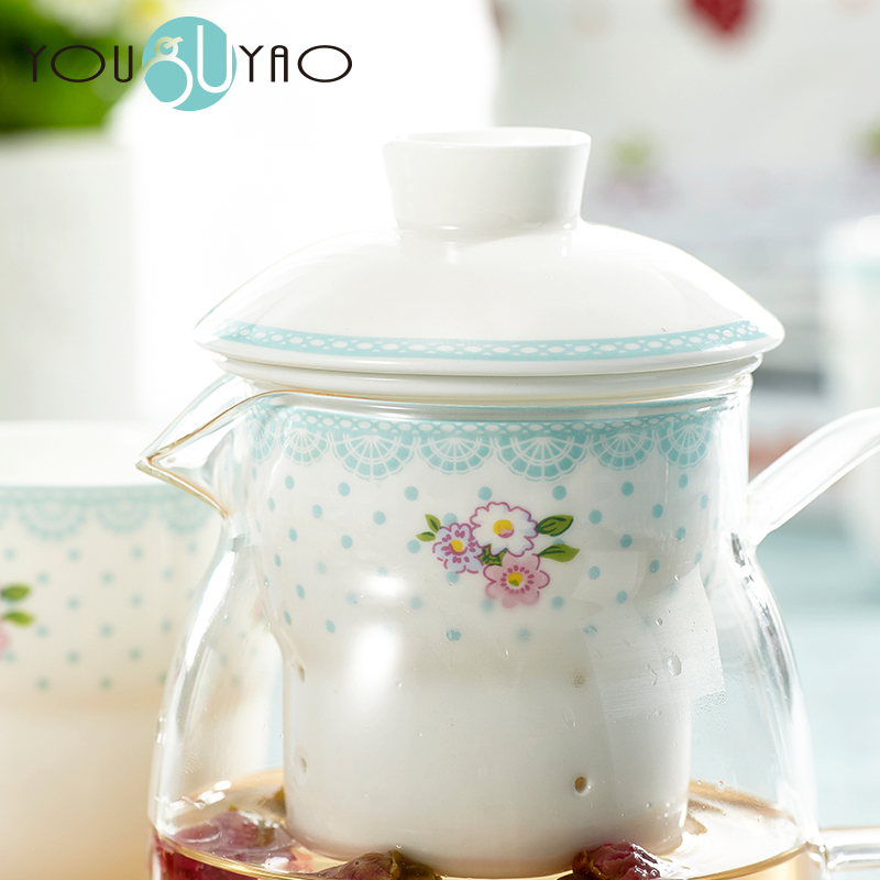 To take the teapot tea sets ipads China youth heat - resistant glass fruit ceramic cups transparent filter of a complete set of tea tray