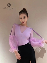 ASL National Standard Morden Dance Suit Blouse Purple Mesh Yarn Bubble Cuff Butterfly Knots practice Training Chest Cushion Lian