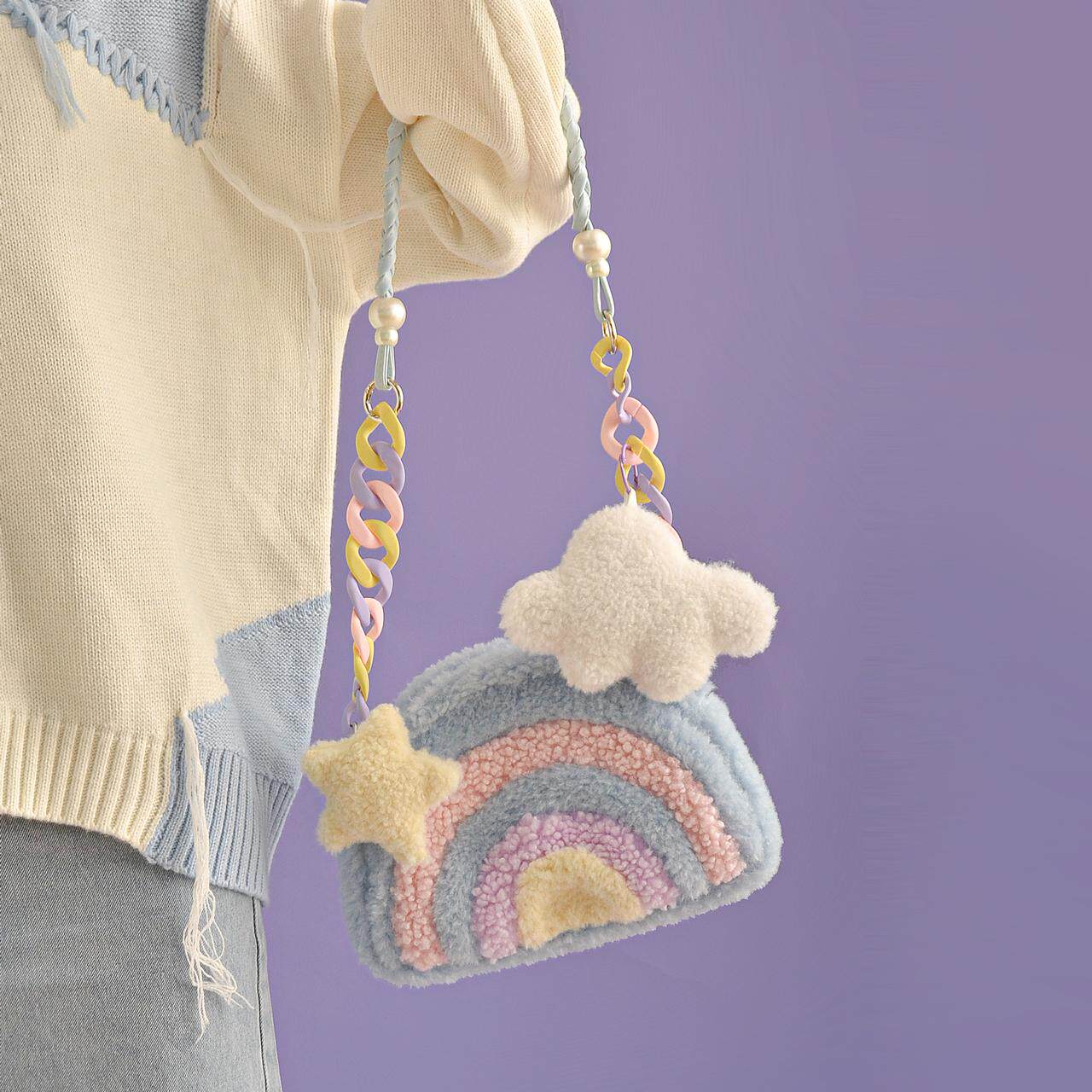 Cha Cha Original 2025 New Cute Winter Girl's Plush Bag Crossbody Furry Bag Autumn and Winter Rainbow Bag