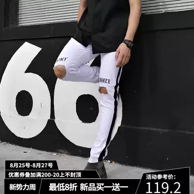 BEESTRONG stretch European and American muscle hole jeans men's casual muscle slim-fit brother fitness training pants