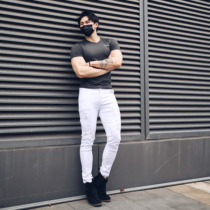 BEESTRONG European and American Street jeans mens trend fitness elastic hole slim small feet Joker sports pants