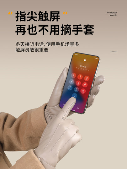 Sheepskin Gloves for Women, Winter Fleece-Lined, Warm, Suitable for Driving, Outdoor Cycling, Windproof, Cold-Resistant, Genuine Leather Gloves, Touch Screen Compatible