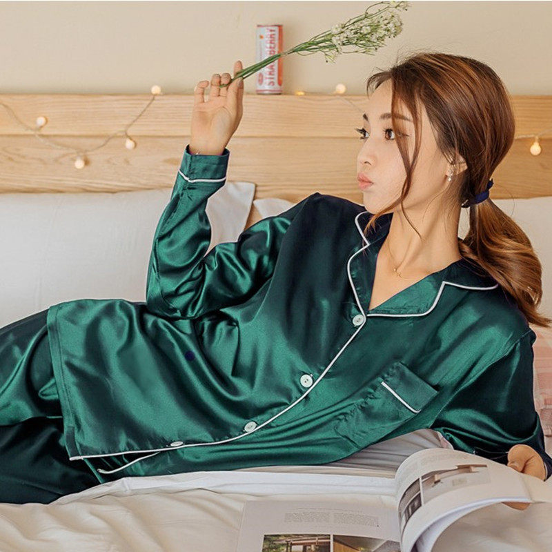 Ice silk pajamas women's spring and autumn long-sleeved sweet and cute summer silk sexy home clothes silk fat mm loose large size