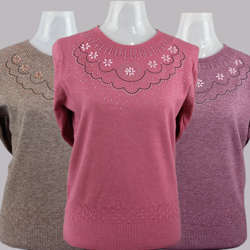 Spring and Autumn New Style Middle-Aged Women's Knitwear, Middle-Aged Mother's Pullover Round Neck Solid Color Thin Knit Top