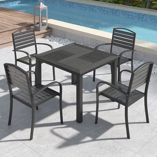 Уличный пластиковый деревянный стол и стулья, во дворе, водонепроницаемый, с защитой от солнца, на открытом воздухе, на балконе, для отдыха, в саду, на террасе, кофе, чай с молоком, комбинация на открытом воздухе