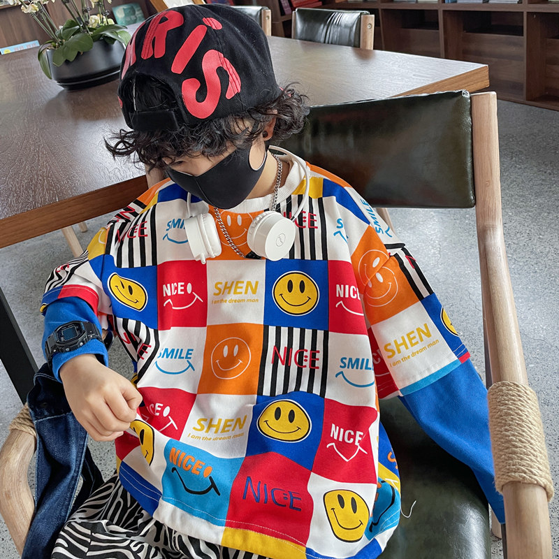 2022 new childlike spring clothing boy's sweatshirt fake two long sleeves T-shirt with smiley face blouses