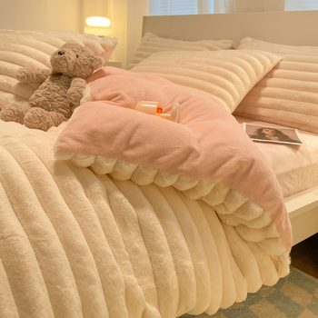 2023 New Winter Thickened Rex Rabbit Fur Plush Bedding Four-Piece Set Milk Coral Fleece Duvet Cover Bed Sheet Three-Piece Set