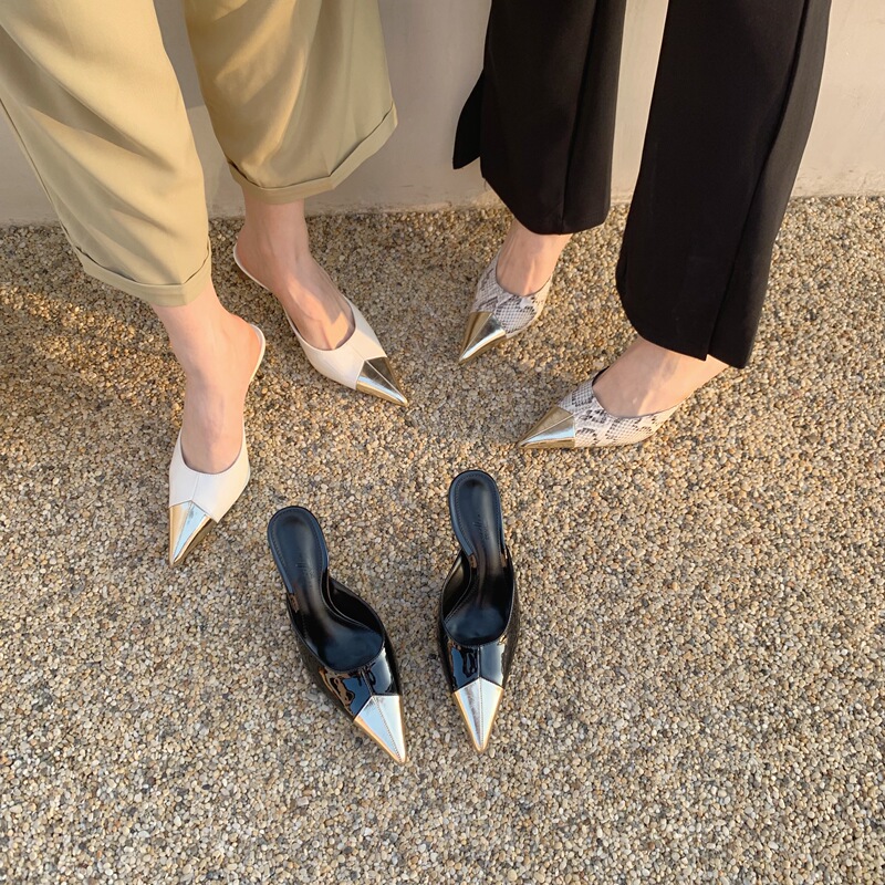 2026 Spring New Snake Pattern Color-Block Metal Toe Stiletto Mid-Heel Mules High Heel Closed-Toe Half-Slipper Women's Sandals