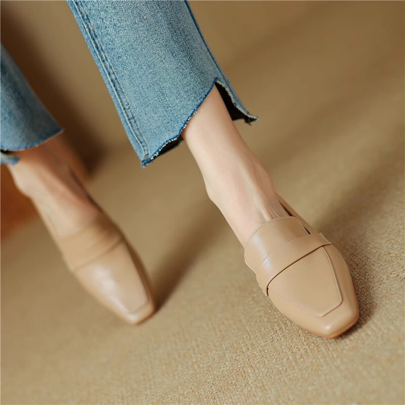 Sheepskin Loafers for Women, Chunky Heel, Spring Square Toe, French Nude High Heels, British Style White Deep-Cut Single Shoes Sheepskin Loafers for Women, Chunky Heel, Spring Square Toe, French Nude High Heels, British Style White Deep-Cut Single Shoes