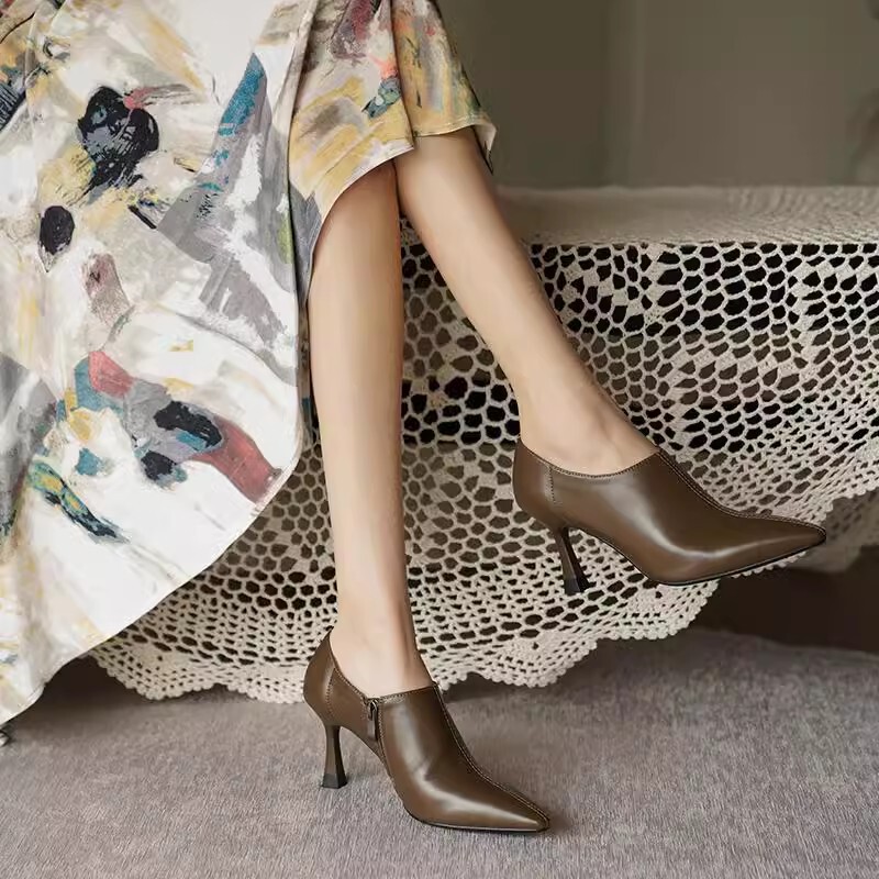 Brown Sheepskin French Ankle Boots for Women, Autumn and Winter Pointed Toe Deep-Cut High Heels, Women's Stiletto White Shallow-Cut Short Boots