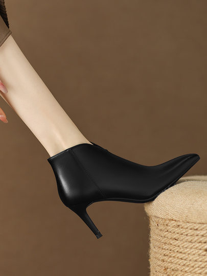 French short boots for women in autumn and winter soft sheepskin pointed toe ankle boots nude high heels women's stiletto Korean style slim boots