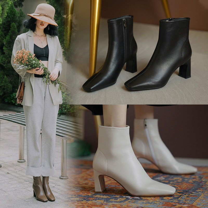 Beige thick-heeled short boots women's spring and autumn single boots French high heels thin boots Martin small square head sheepskin white women's boots