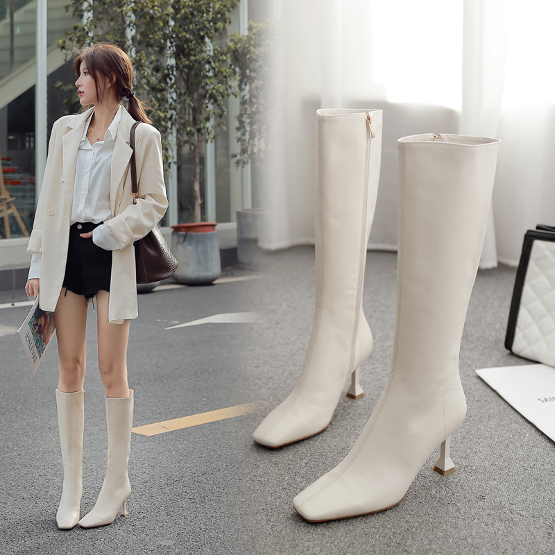 White Square-Toe Long Boots for Petite Women, Autumn and Winter, Genuine Leather, Plus-Size, Thick Legs, Full Leather, Wide Calf, High-Heeled, Over-The-Knee Boots