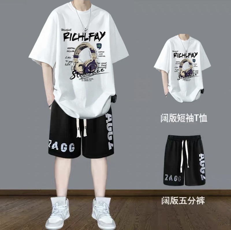 Pure Cotton Short-Sleeved T-Shirt Suit for Boys, Summer Loose New Style, Trendy Casual Sports for Teenagers, High School Students