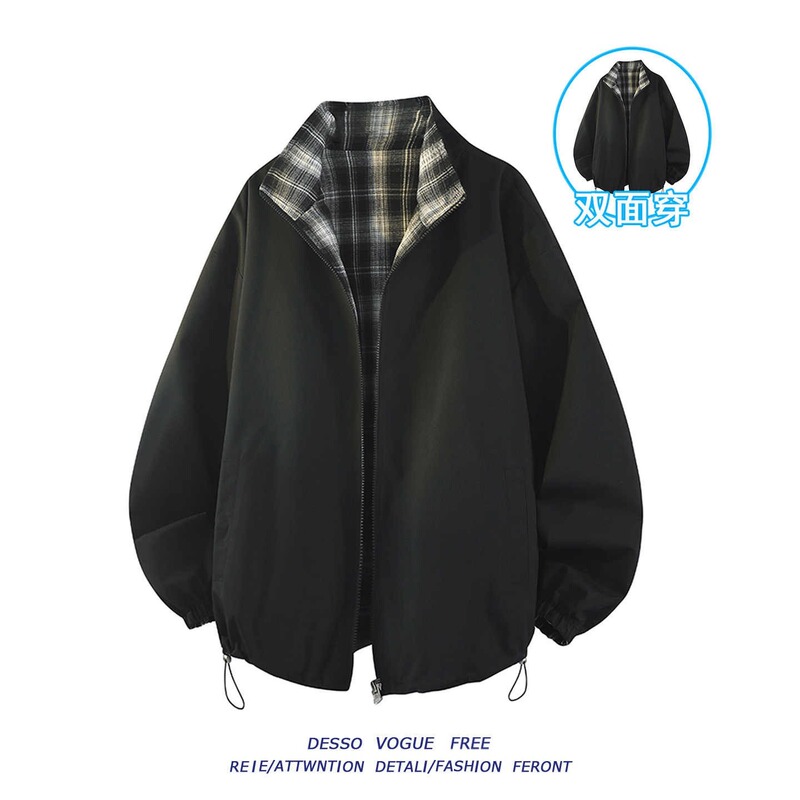 Reversible Plaid Stand-Up Collar Jacket for Men, Spring and Autumn 2026 New Style, Retro Loose Trendy Youth Handsome Jacket