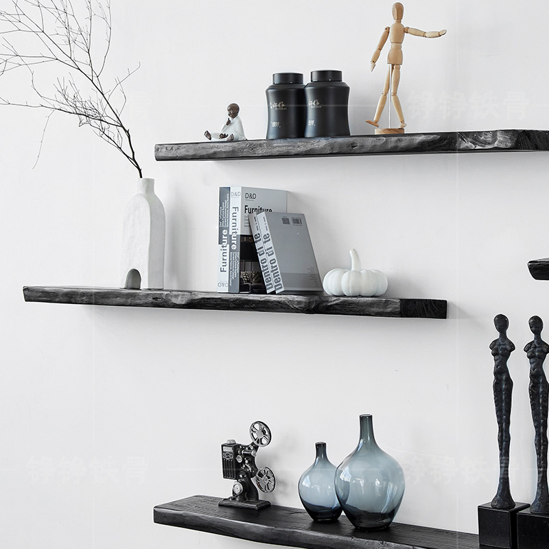 Solid Wood Shelf Wall-Mounted Storage Rack Wabi-Sabi Style Shelf Wall-Mounted Bookshelf Guesthouse Shelf Tv Background Decoration