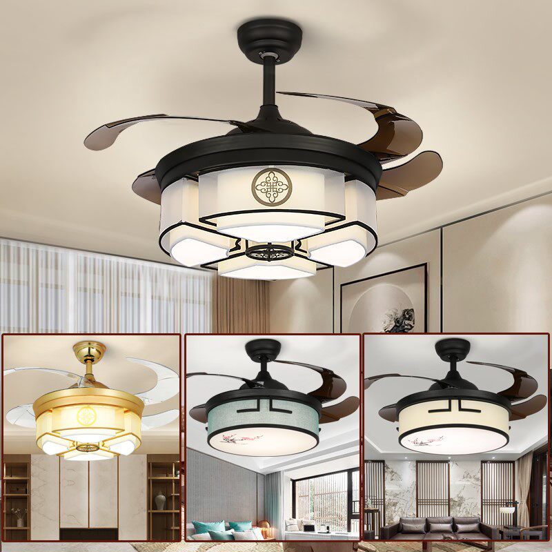 New Chinese invisible ceiling fan lamp customer demolition women's short sleeve layered lead dining chandelier with LED electric fan lamp