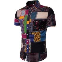 New Summer Mens Slim Casual Cotton Linen Printing flower s