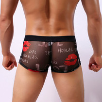 Mens Boxer Sexy lips Printed Underwear Transparent See Thro