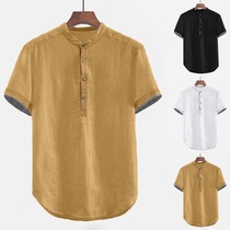 2019 Summer Men Baggy Solid Cotton Linen Short Sleeve Butto