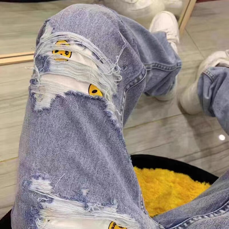 American-Style Smiley Face Patch Ripped Niche Trendy Brand American High Street Bieber-Style Loose Straight-Leg Jeans for Men and Women