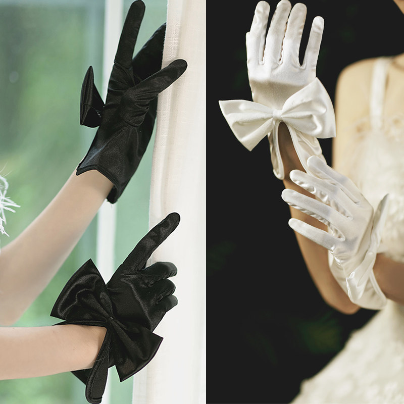 Bride White Wedding Dress Satin Gloves Korean Short Short Short Text Find Renaissance Butterfly Bow Photo Accessories Black