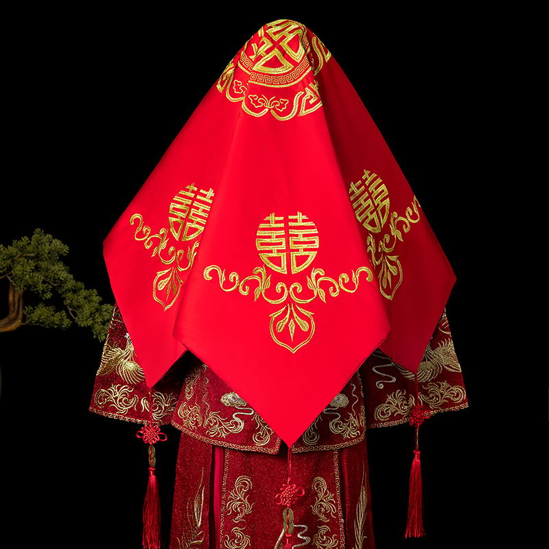 Red Cover Head Bride Retro Embroidered Head Yarn Chinese Wedding Show and satin fluidics Embroidered Headscarf Heappa