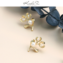Golden olive branch natural pearl flower earrings earrings without ear clip sweet and exquisite small daily style