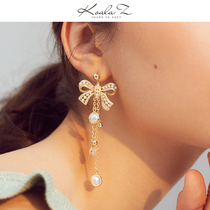 French retro palace style heavy industry design and make bow-tie Pearl tassel earrings without ear clip
