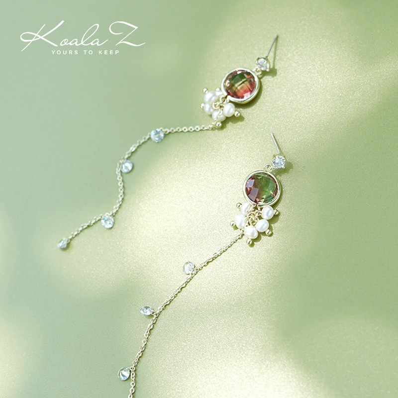 Long Artificial Tourmaline Gemstone Natural Pearl Tassel Stud Earrings Painless No Piercing Adjustable Ear Clips