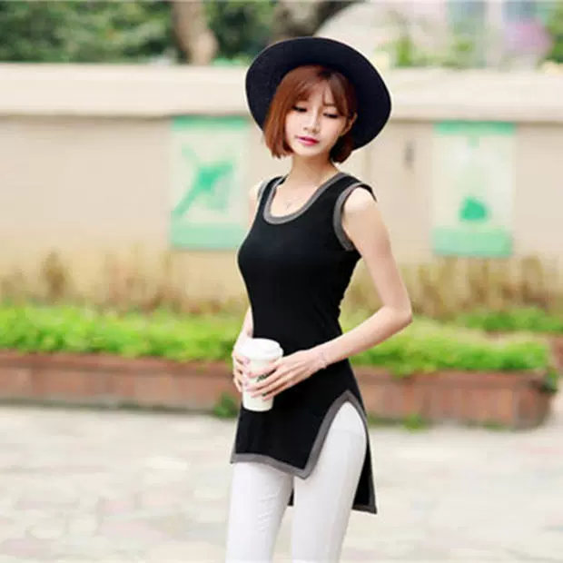 Quần skinny nữ dài mùa hè dài tay lệch vai áo thun cotton mỏng, áo thun trắng - Áo ba lỗ