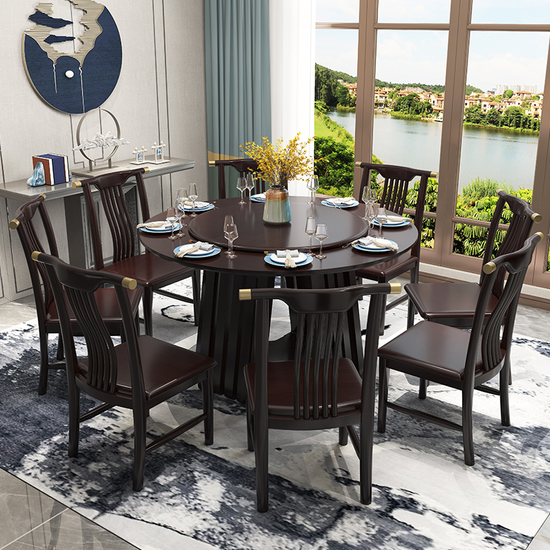 New Chinese full solid wood dining table and chair combination household light luxury Chinese style round table with turntable